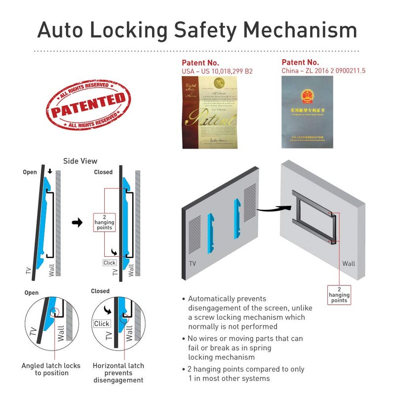 Barkan TV Wall Mount, 19-65 inch Fixed, Drywall No Stud No Drill Screen Bracket, Holds up to 80lbs, Auto Lock Patented, Fits LED OLED LCD, Including 6 ft 4K HDMI Cable - Image 3
